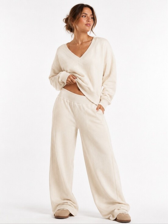 aerie Pants - Aerie ($170) NWT Cream Oversized V-Neck Lounge Set Wide Leg Pants Matching Set